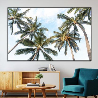 87247012-SEG-FC-51X34_Oversize-Skyward Palm Trees Wall Art Canvas Print, Framed Tropical Sky Art Picture Print, Coconut Palm Perfect Tropical Skyview Decor