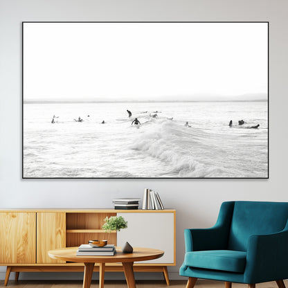 33449548-SEG-FC-51X34_Oversize-Group Surfers Wall Art Canvas Print, Framed Ocean Wave Art Picture Print, Surf Crowd Perfect Monochrome Surf Decor Artwork