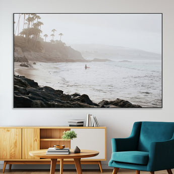 62501405-SEG-FC-51X34_Oversize-Misty Beach Wall Art Canvas Print, Framed California Surfer Art Picture Print, Coastal Cliff Perfect Coastal Beach Decor Artwork