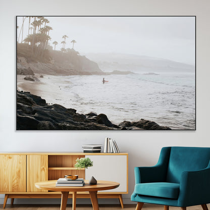 62501405-SEG-FC-51X34_Oversize-Misty Beach Wall Art Canvas Print, Framed California Surfer Art Picture Print, Coastal Cliff Perfect Coastal Beach Decor Artwork