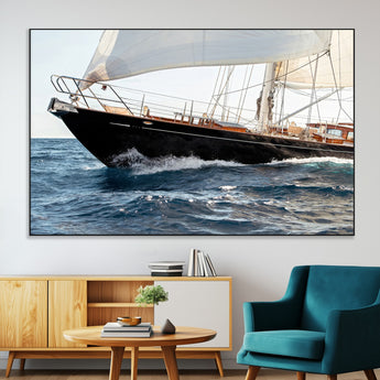 97168626-MGV-CV-36X24-Sailing Yacht Wall Art Canvas Print, Framed Wooden Yacht Art Picture Print, Ocean Waves Perfect Nautical Coastal Decor Artwork