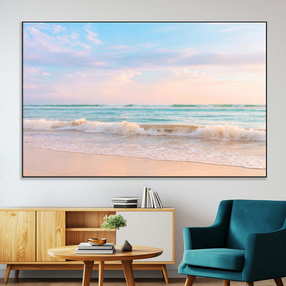 74679437-SEG-FC-51X34_Oversize-Pastel Ocean Wall Art Canvas Print, Framed Beach Waves Art Picture Print, Soft Sunset Perfect Pastel Coastal Decor Artwork