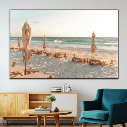 58507949-SEG-FC-51X34_Oversize-Beach Umbrellas Wall Art Canvas Print, Framed Empty Loungers Art Picture Print, Soft Sand Perfect Minimalist Seaside Decor Artwork