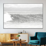 81535128-SEG-FC-51X34_Oversize-Surfer Woman Wall Art Canvas Print, Framed Black Ocean Art Picture Print, Ocean Surfing Perfect Monochrome Coastal Decor Artwork