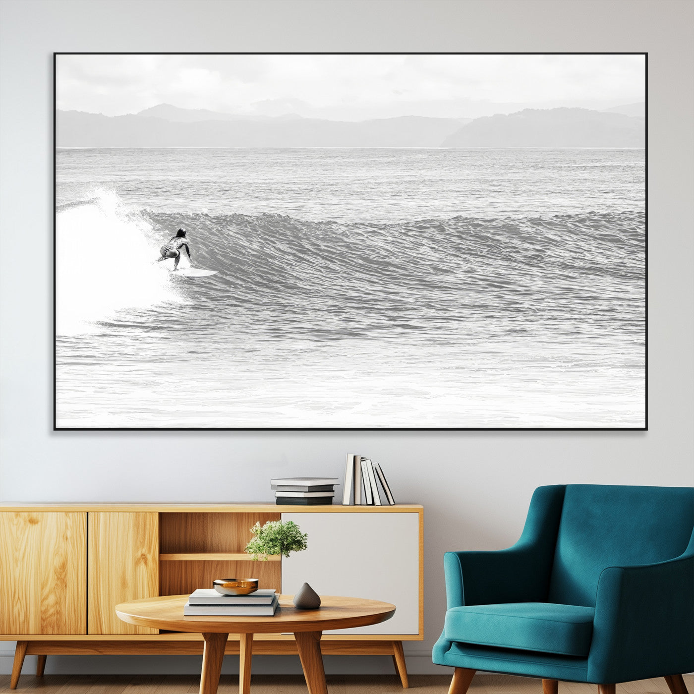81535128-MGV-CV-36X24-Surfer Woman Wall Art Canvas Print, Framed Black Ocean Art Picture Print, Ocean Surfing Perfect Monochrome Coastal Decor Artwork