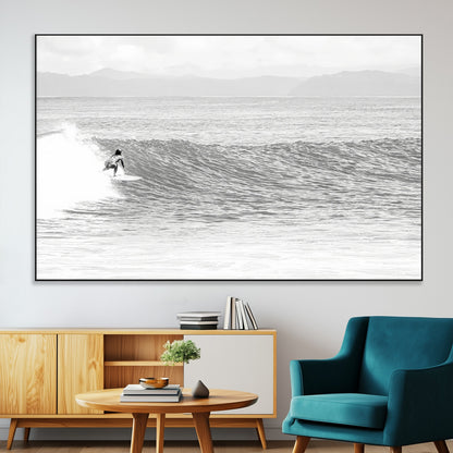 81535128-MGV-CV-36X24-Surfer Woman Wall Art Canvas Print, Framed Black Ocean Art Picture Print, Ocean Surfing Perfect Monochrome Coastal Decor Artwork