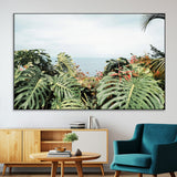 45700479-SEG-FC-51X34_Oversize-Monstera Leaves Wall Art Canvas Print, Framed Tropical Ocean Art Picture Print, Tropical Foliage Perfect Tropical Coastal Jungle