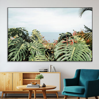 45700479-SEG-FC-51X34_Oversize-Monstera Leaves Wall Art Canvas Print, Framed Tropical Ocean Art Picture Print, Tropical Foliage Perfect Tropical Coastal Jungle