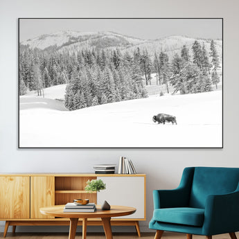68081143-MGV-CV-36X24-Snowy Bison Wall Art Canvas Print, Framed Winter Forest Art Picture Print, Lone Bison Perfect Monochrome Winter Wild Decor Artwork