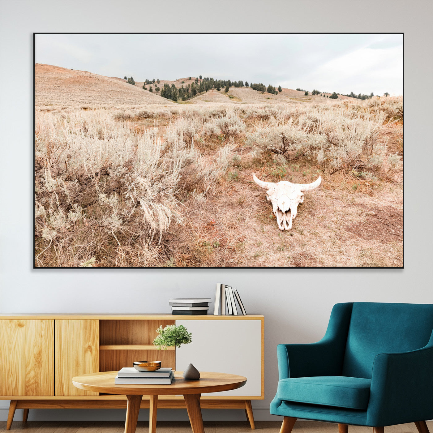 97234735-SEG-FC-51X34_Oversize-Rustic Bones Wall Art Canvas Print, Framed Desert Sage Art Picture Print, Prairie Skull Perfect Minimal Rustic Decor Artwork