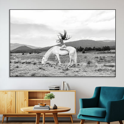 62789800-SEG-FC-51X34_Oversize-White Horse Wall Art Canvas Print, Framed Woman Rider Art Picture Print, Equestrian Pose Perfect Western Boho Decor Artwork