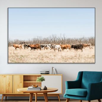 16563092-SEG-FC-51X34_Oversize-Texas Longhorns Wall Art Canvas Print, Framed Western Cattles Art Picture Print, Rustic Herd Perfect Rustic Farmhouse Decor