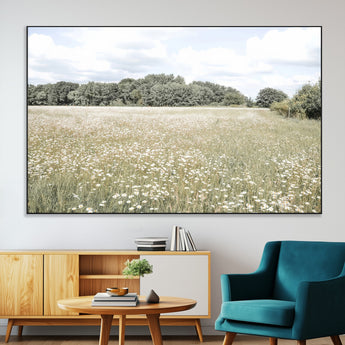 43258946-SEG-FC-51X34_Oversize-Daisy Field Wall Art Canvas Print, Framed Pastel Flower Art Picture Print, Meadow Bloom Perfect Scandinavian Minimalist Decor