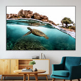 44200301-MGV-CV-36X24-Sea Turtle Swim Wall Art Canvas Print, Framed Ocean Life Art Picture Print, Tropical Shoreline Perfect Tropical Coastal Decor