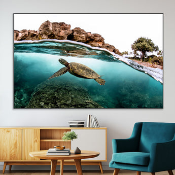 44200301-MGV-CV-36X24-Sea Turtle Swim Wall Art Canvas Print, Framed Ocean Life Art Picture Print, Tropical Shoreline Perfect Tropical Coastal Decor