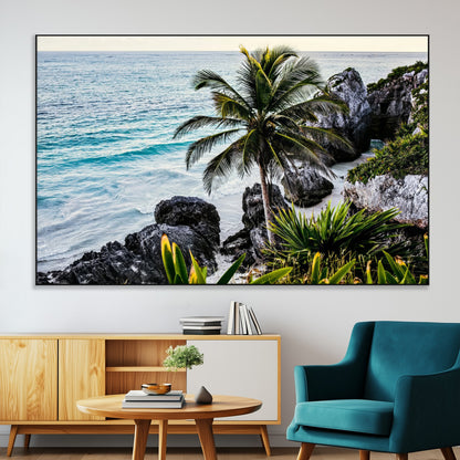 94669907-SEG-FC-51X34_Oversize-Tropical Coastline Wall Art Canvas Print, Framed Palm Tree Art Picture Print, Rocky Beach Perfect Tropical Coastal Decor Artwork