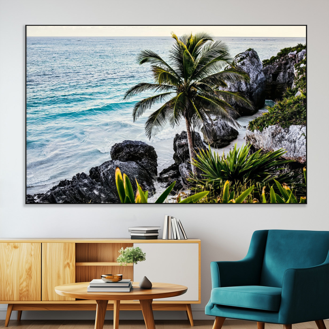 94669907-MGV-CV-36X24-Tropical Coastline Wall Art Canvas Print, Framed Palm Tree Art Picture Print, Rocky Beach Perfect Tropical Coastal Decor Artwork
