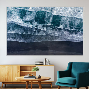 87941475-SEG-FC-51X34_Oversize-Black Beach Wall Art Canvas Print, Framed Aerial Ocean Art Picture Print, Moody Coastal Perfect Modern Coastal Decor Artwork