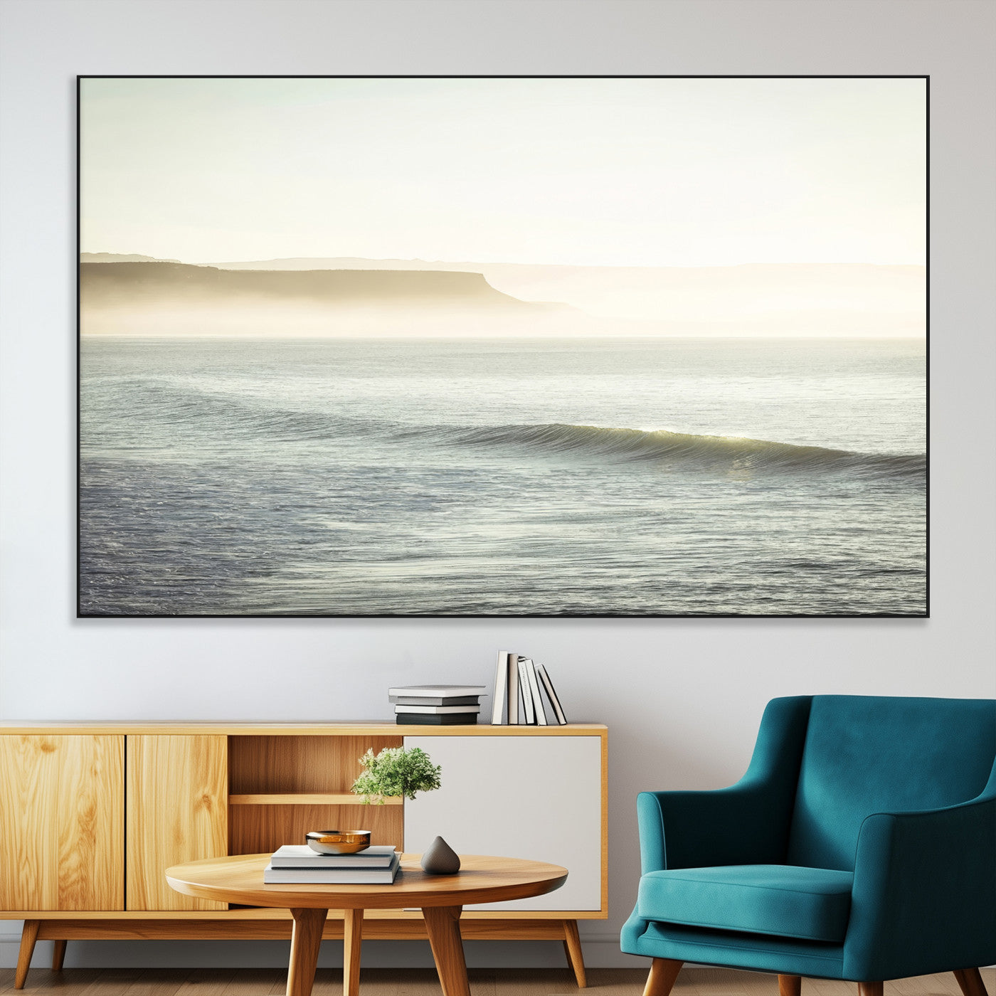 39310633-MGV-CV-36X24-Coastal Cliffs Wall Art Canvas Print, Framed Misty Ocean Art Picture Print, Morning Light Perfect Minimalistic Coastal Decor