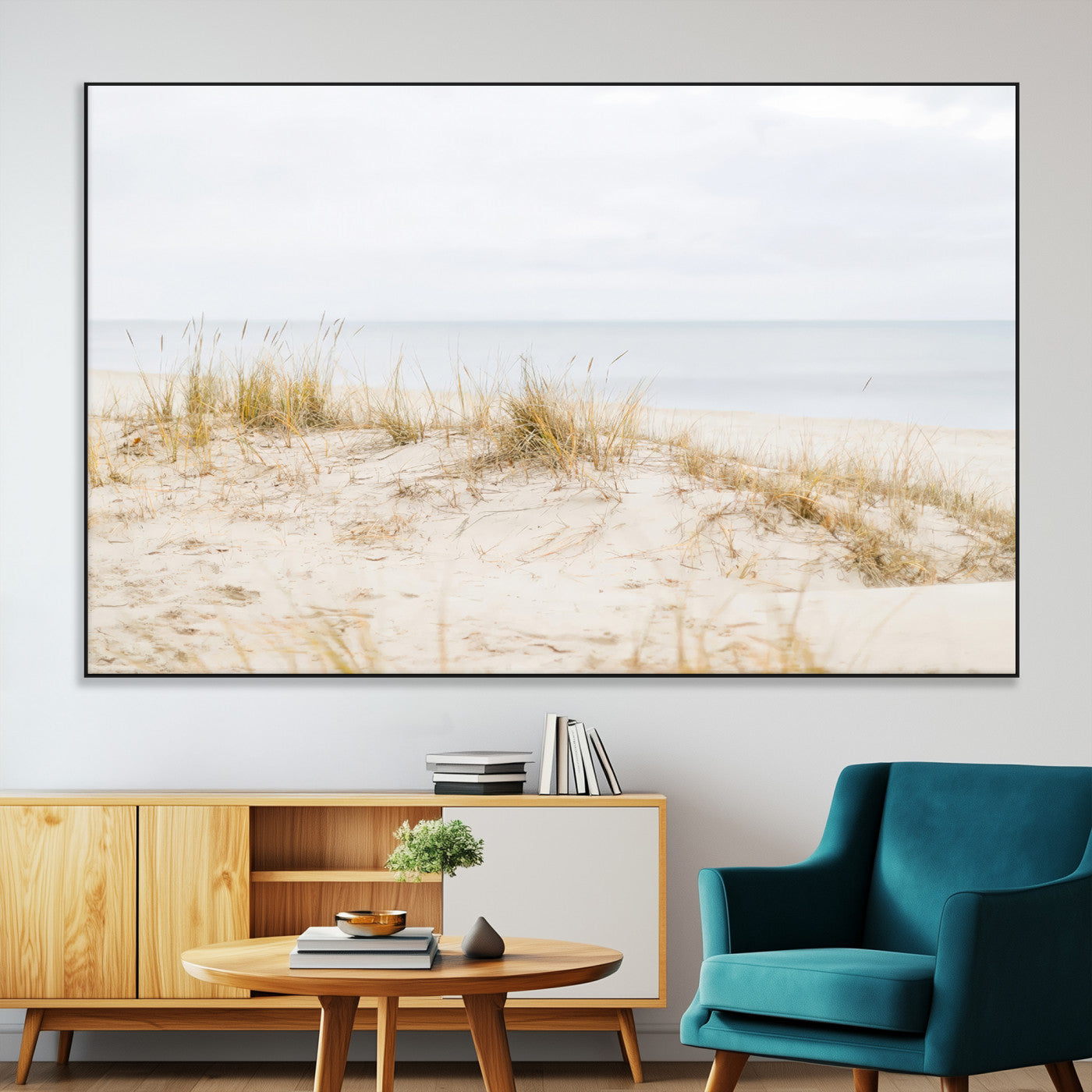 13146857-SEG-FC-51X34_Oversize-Beach Dunes Wall Art Canvas Print, Framed Soft Horizon Art Picture Print, Coastal Grass Perfect Minimalist Coastal Decor Artwork