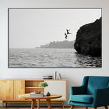 52284302-SEG-FC-51X34_Oversize-Cliff Jumping Wall Art Canvas Print, Framed Ocean Adventure Art Picture Print, Black White Coast Perfect Modern Coastal Decor