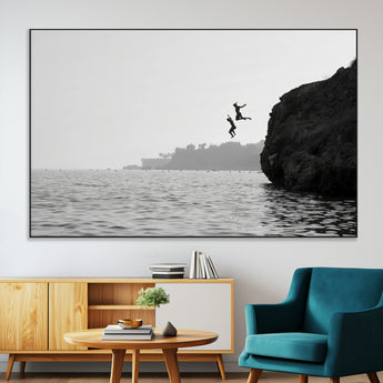 52284302-MGV-CV-36X24-Cliff Jumping Wall Art Canvas Print, Framed Ocean Adventure Art Picture Print, Black White Coast Perfect Modern Coastal Decor