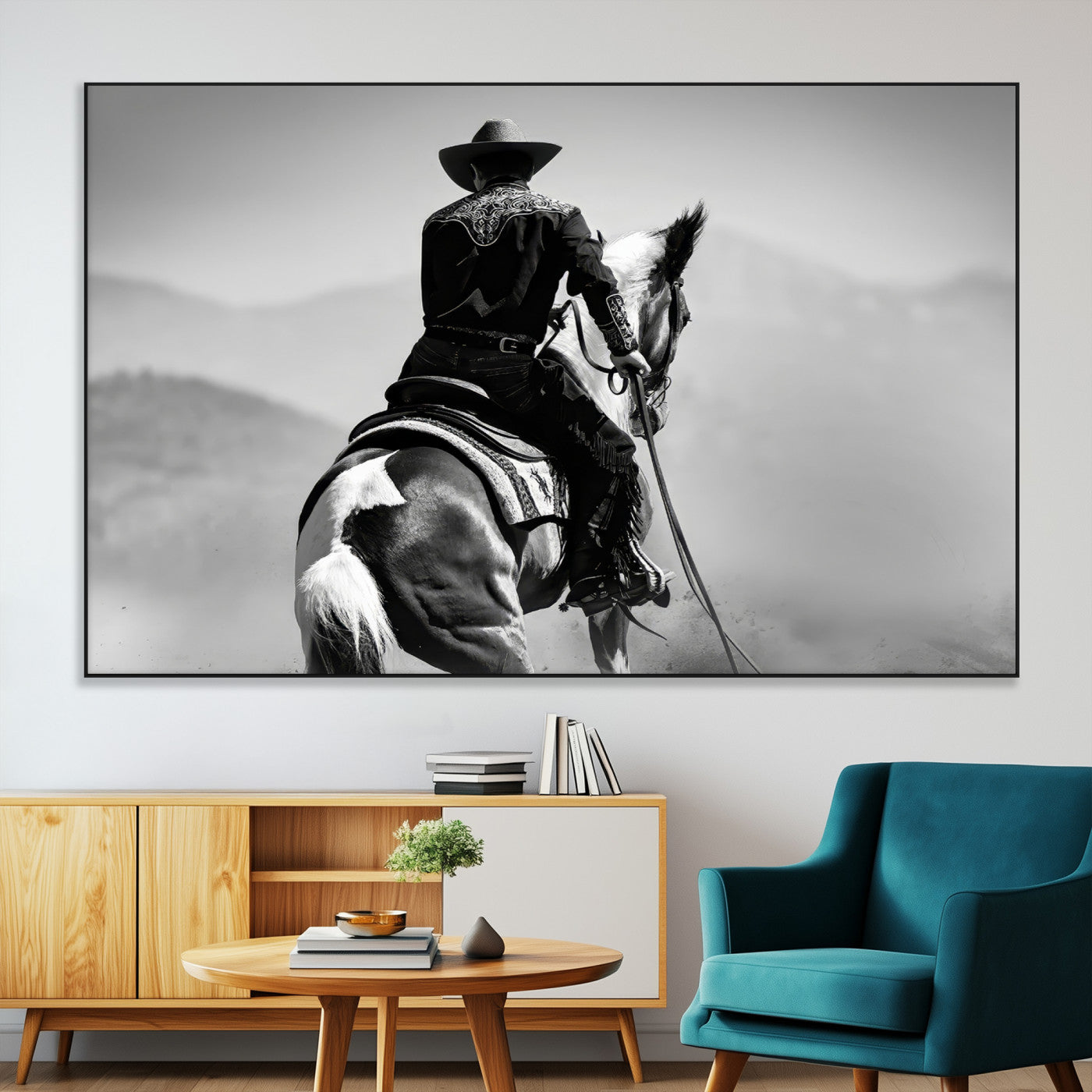 83102464-MGV-CV-36X24-Western Cowboy Wall Art Canvas Print, Framed Monochrome Horse Art Picture Print, Western Equestrian Perfect Rustic Western Decor