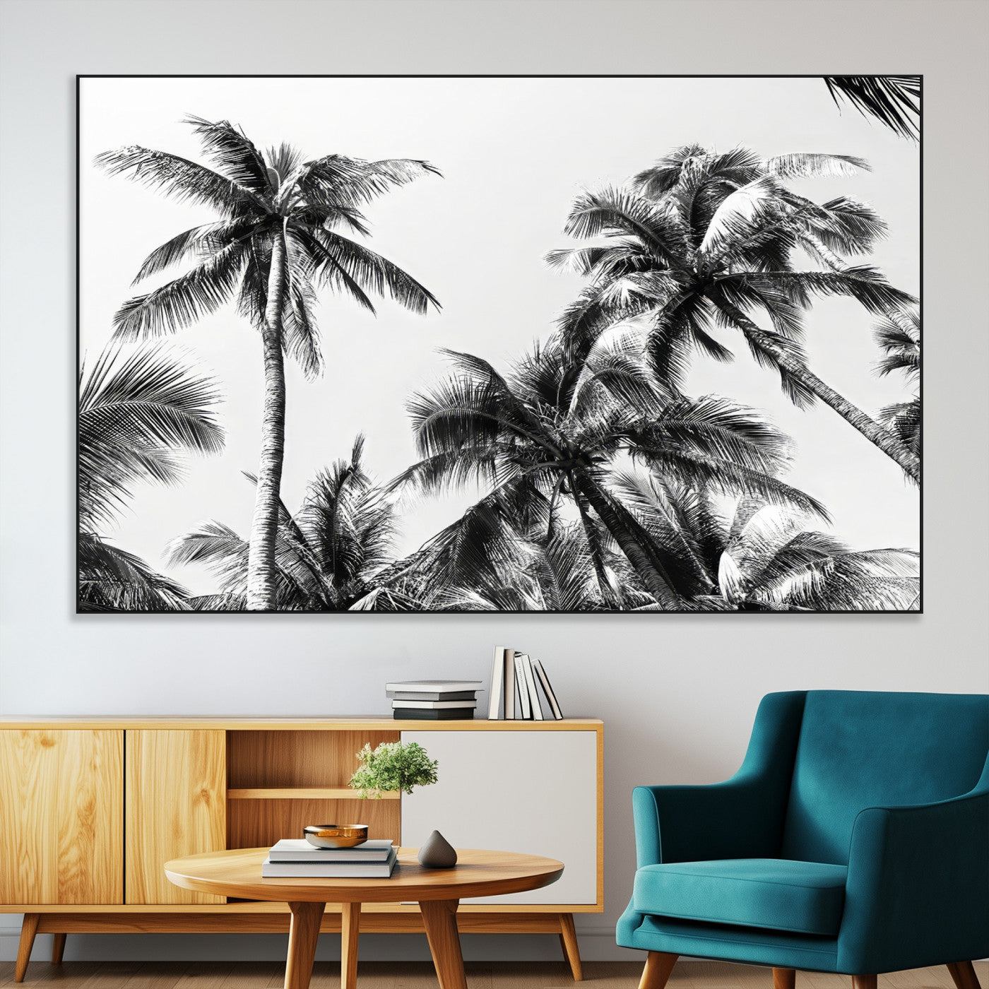 46641801-SEG-FC-51X34_Oversize-Palm Tree Wall Art Canvas Print, Framed Black White Tropics Art Picture Print, Monochrome Palms Perfect Modern Tropical Minimalist