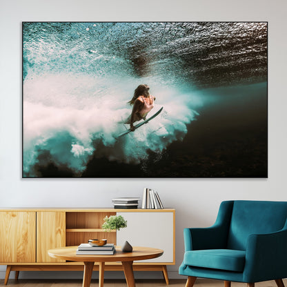 85923512-MGV-CV-36X24-Aquatic Motion Wall Art Canvas Print, Framed Underwater Swimming Art Picture Print, Female Surfer Diving Perfect Coastal Boho