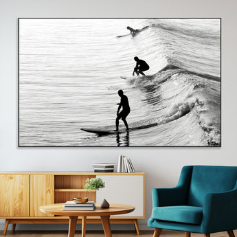 19875284-MGV-CV-36X24-Surfer Waves Wall Art Canvas Print, Framed Black White Surf Art Picture Print, Monochrome Ocean Perfect Modern Coastal Decor