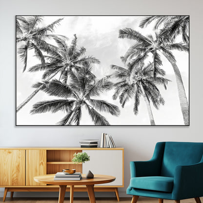 62113786-SEG-FC-51X34_Oversize-Black White Palm Wall Art Canvas Print, Framed Monochrome Tropics Art Picture Print, Minimalist Beach Perfect Coastal Minimalist