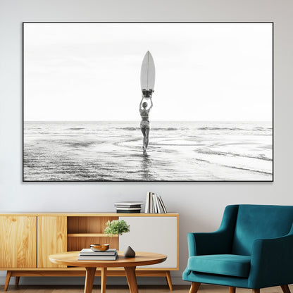 98446901-MGV-CV-36X24-Monochrome Surf Wall Art Canvas Print, Framed Minimalist Surfer Art Picture Print, Surfboard Silhouette Perfect Coastal Minimalist