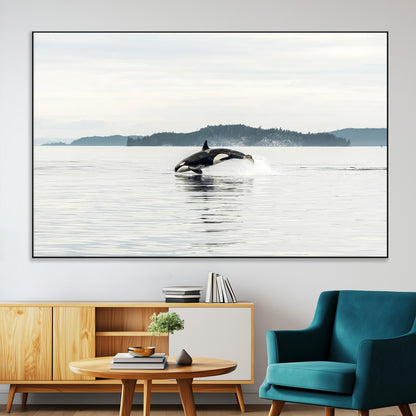 10157174-SEG-FC-51X34_Oversize-Orca Whale Wall Art Canvas Print, Framed Black White Whale Art Picture Print, Minimalist Ocean Perfect Coastal Minimalist Decor