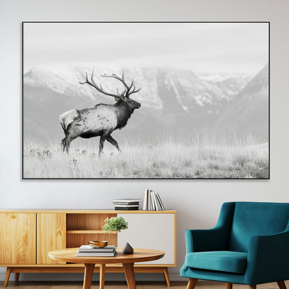62278753-SEG-FC-51X34_Oversize-Monochrome Elk Wall Art Canvas Print, Framed Mountain Wildlife Art Picture Print, Rustic Nature Perfect Rustic Minimalist Decor