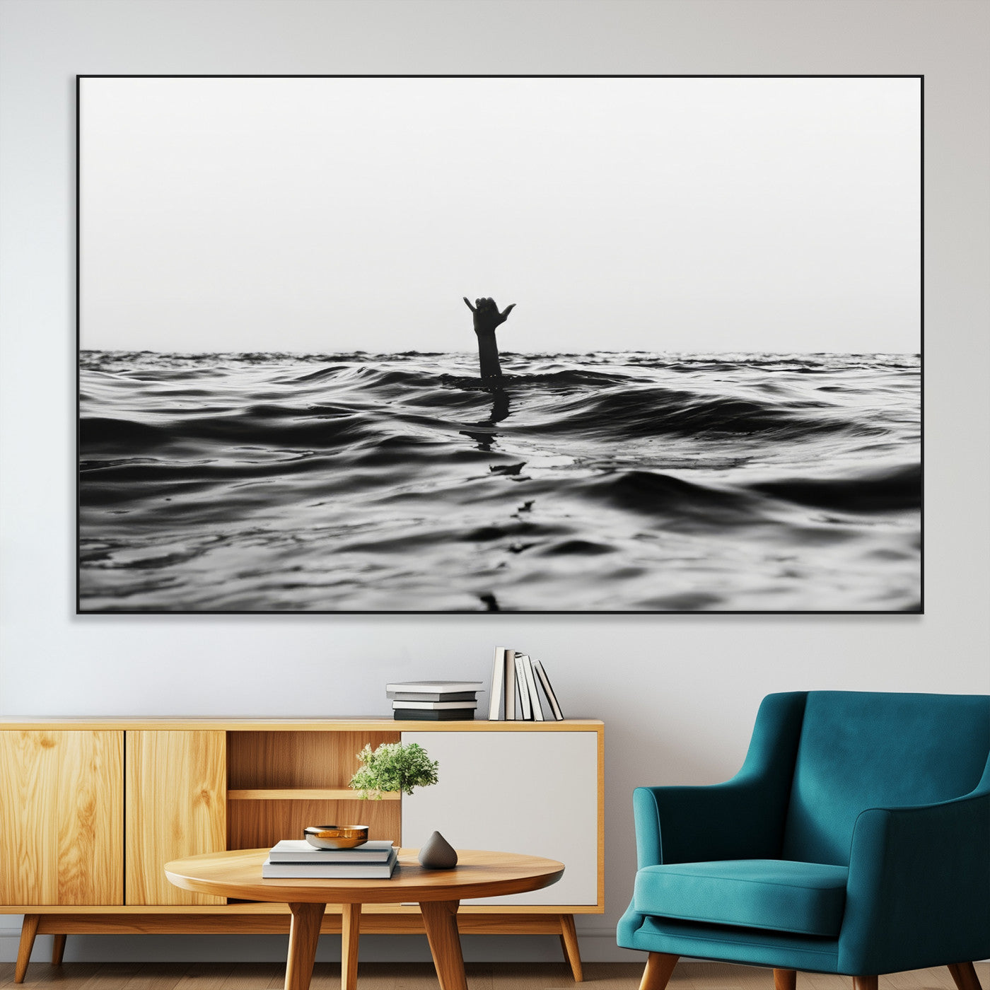 69541918-MGV-CV-36X24-Black White Ocean Wall Art Canvas Print, Framed Moody Seascape Art Picture Print, Surfer Sign Perfect Moody Minimalist Decor