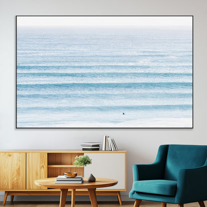 77145995-MGV-CV-36X24-Ocean Simplicity Wall Art Canvas Print, Framed Surfer on Water Art Picture Print, Light Blue Perfect Coastal Minimalist Decor