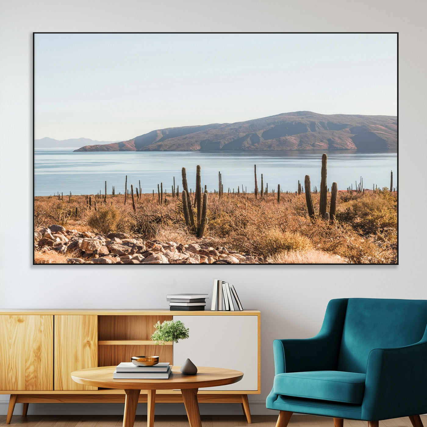 45193515-MGV-CV-36X24-Desert Cactus Wall Art Canvas Print, Framed Baja Coastline Art Picture Print, Coastal Desert Perfect Southwestern Minimalist Decor