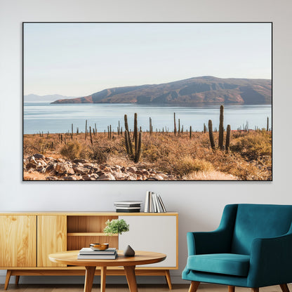 45193515-MGV-CV-36X24-Desert Cactus Wall Art Canvas Print, Framed Baja Coastline Art Picture Print, Coastal Desert Perfect Southwestern Minimalist Decor