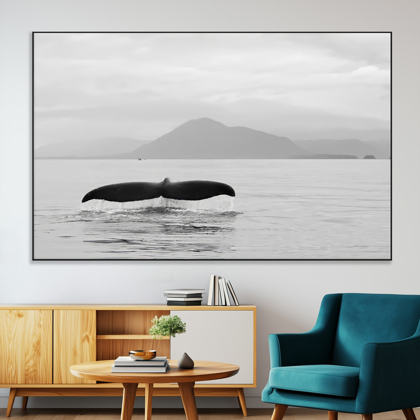 30524220-MGV-CV-36X24-Whale Tail Wall Art Canvas Print, Framed Black White Ocean Art Picture Print, Calm Marine Perfect Minimalist Coastal Decor Artwork