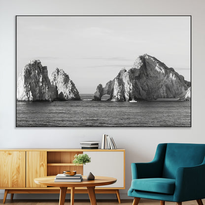 18810731-MGV-CV-36X24-Rugged Coastline Wall Art Canvas Print, Framed Ocean Cliffs Art Picture Print, Monochrome Seascape Perfect Coastal Minimalist