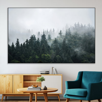 84146572-SEG-FC-51X34_Oversize-Foggy Pine Trees Wall Art Canvas Print, Framed Forest Nature Art Picture Print, Evergreen Forest Perfect Scandinavian Minimalist