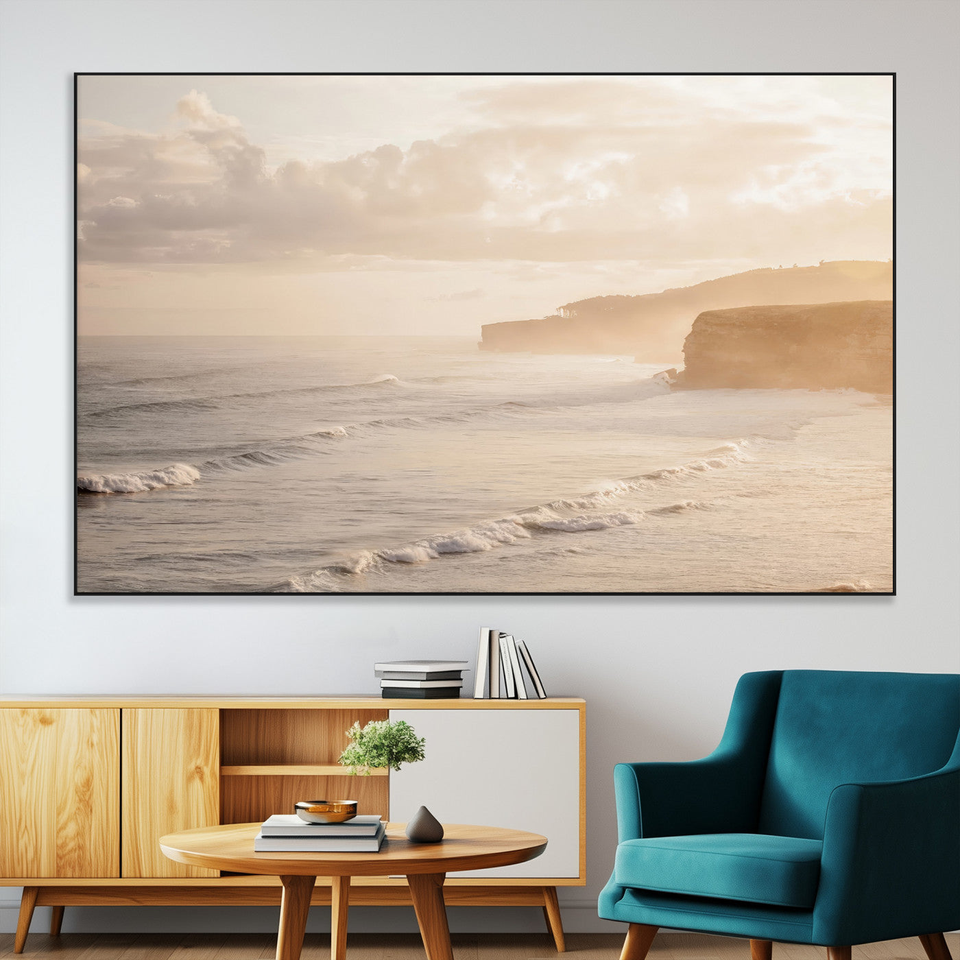 57669769-MGV-CV-36X24-Misty Coastal Wall Art Canvas Print, Framed Golden Sunset Art Picture Print, Serene Shoreline Perfect Tranquil Coastal Decor