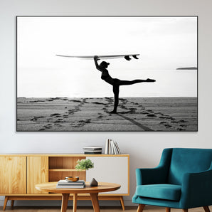 28441356-SEG-FC-51X34_Oversize-Yoga Surf Wall Art Canvas Print, Framed Black White Shore Art Picture Print, Peaceful Ocean Perfect Minimalist Coastal Decor