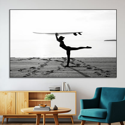 28441356-SEG-FC-51X34_Oversize-Yoga Surf Wall Art Canvas Print, Framed Black White Shore Art Picture Print, Peaceful Ocean Perfect Minimalist Coastal Decor