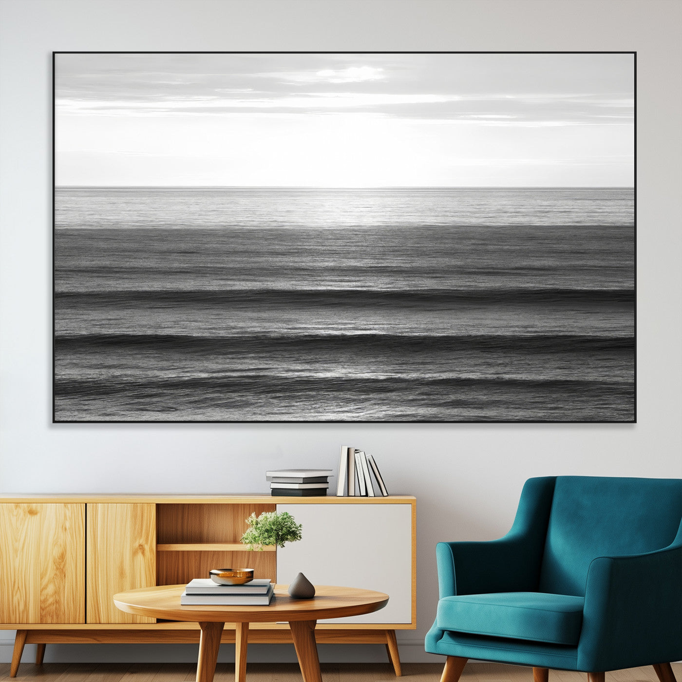 47305203-SEG-FC-51X34_Oversize-Monochrome Ocean Wall Art Canvas Print, Framed Moody Ocean Art Picture Print, Calm Ocean Perfect Minimalist Coastal Decor Artwork
