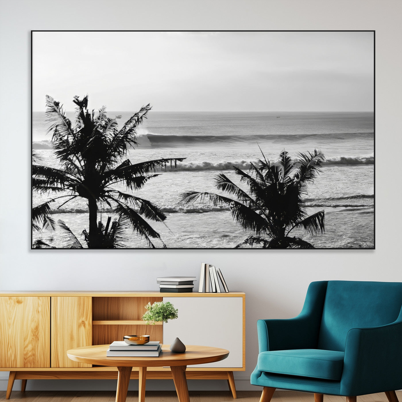 17508038-MGV-CV-36X24-Tropical Coastline Wall Art Canvas Print, Framed Palm Trees Art Picture Print, Ocean Waves Perfect Minimalist Coastal Decor