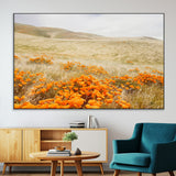 28972262-MGV-CV-36X24-Golden Wildflowers Wall Art Canvas Print, Framed Hills Bloom Art Picture Print, Poppy Meadow Perfect Rustic Nature Decor Artwork