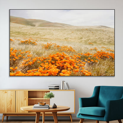28972262-MGV-CV-36X24-Golden Wildflowers Wall Art Canvas Print, Framed Hills Bloom Art Picture Print, Poppy Meadow Perfect Rustic Nature Decor Artwork