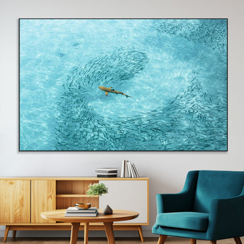43671474-SEG-FC-51X34_Oversize-Fish Swarm Wall Art Canvas Print, Framed Marine Life Art Picture Print, Shark Aerial Perfect Wildlife Coastal Decor Artwork