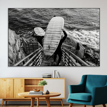 32353707-MGV-CV-36X24-Black White Surfing Wall Art Canvas Print, Framed Coastal Surfing Art Picture Print, Wave Riders Perfect Coastal Adventure Decor